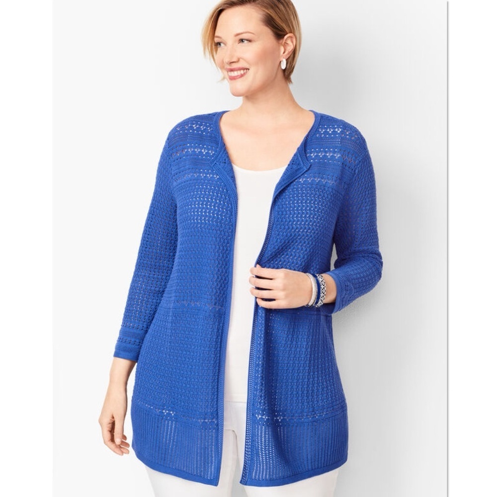 Talbots POINTELLE OPEN-FRONT CARDIGAN Sweater 3/4 Sleeve Blue Plus Size 2X